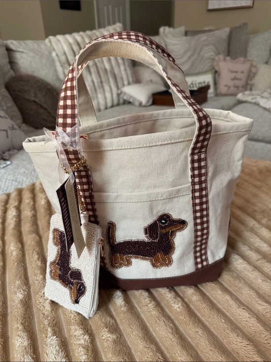 Handbags - Beaded Canvas Dachshund Tote with Brown Gingham Trim